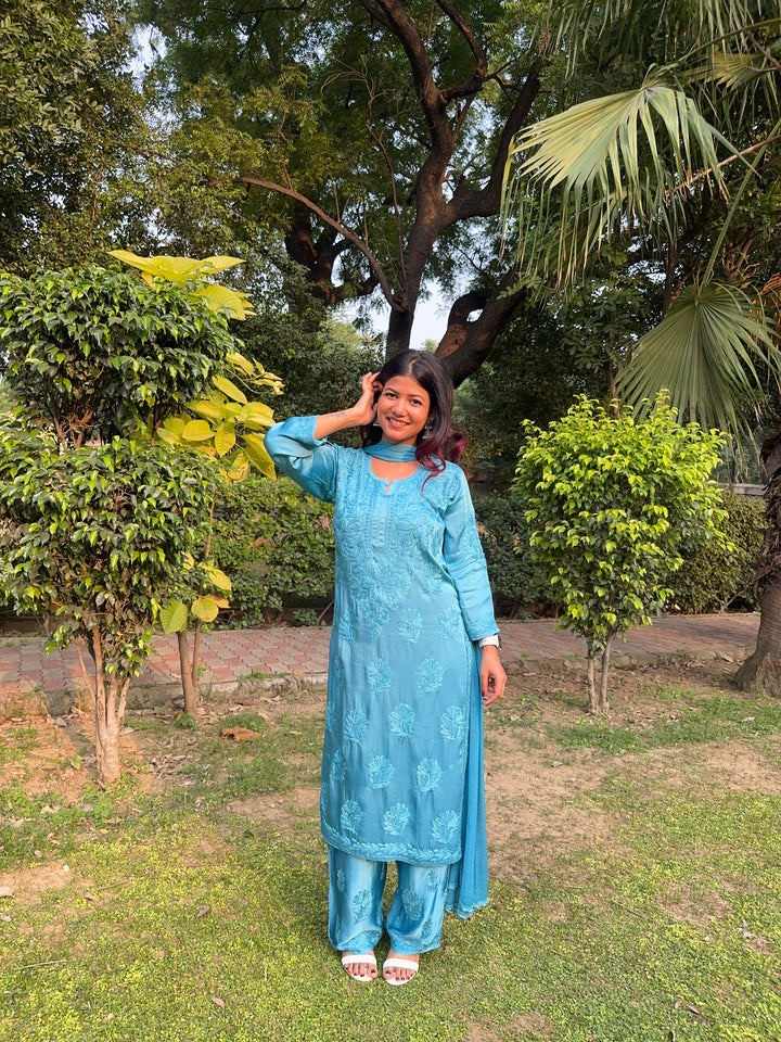 Inaya Satin Chikankari Kurta Set With 3D Handwork