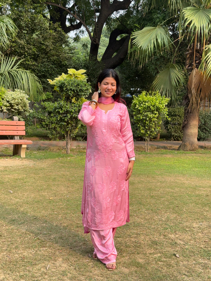Inaya Satin Chikankari Kurta Set With 3D Handwork