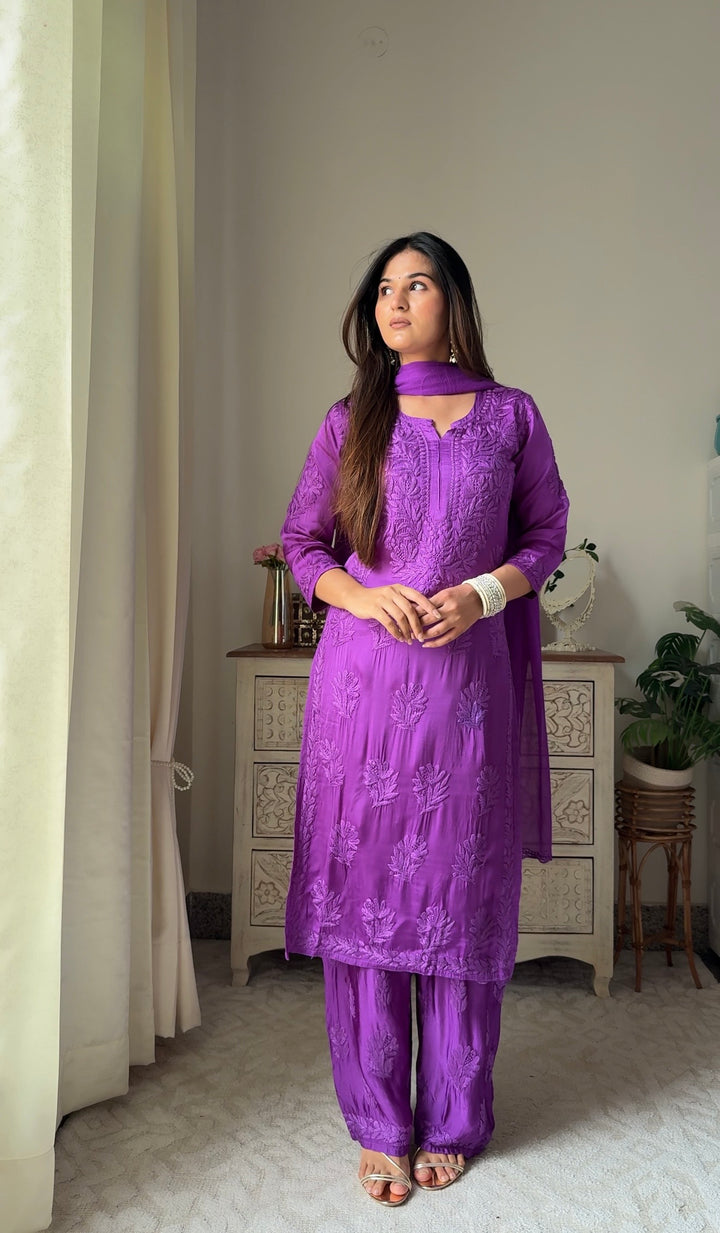 Swati Rathi In Inaya Satin Chikankari Kurta Set With 3D Handwork
