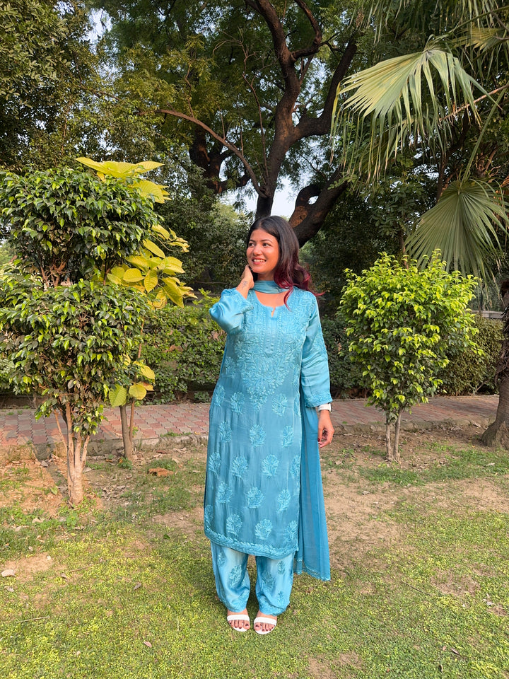 Inaya Satin Chikankari Kurta Set With 3D Handwork