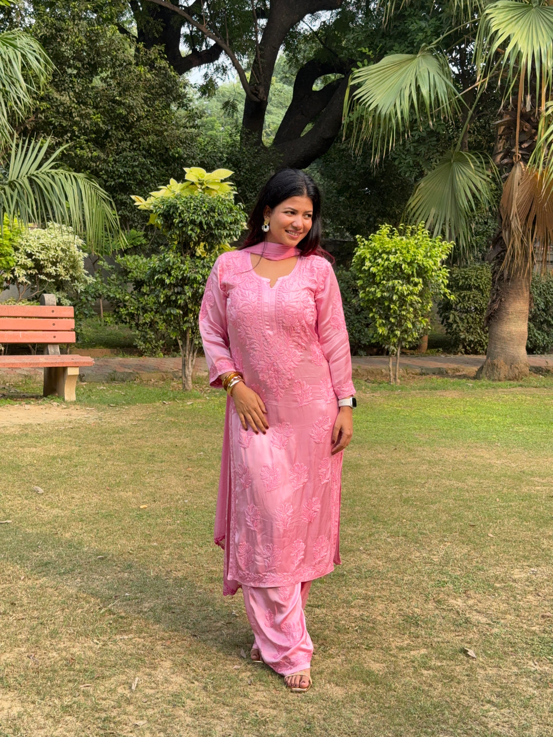 Inaya Satin Chikankari Kurta Set With 3D Handwork