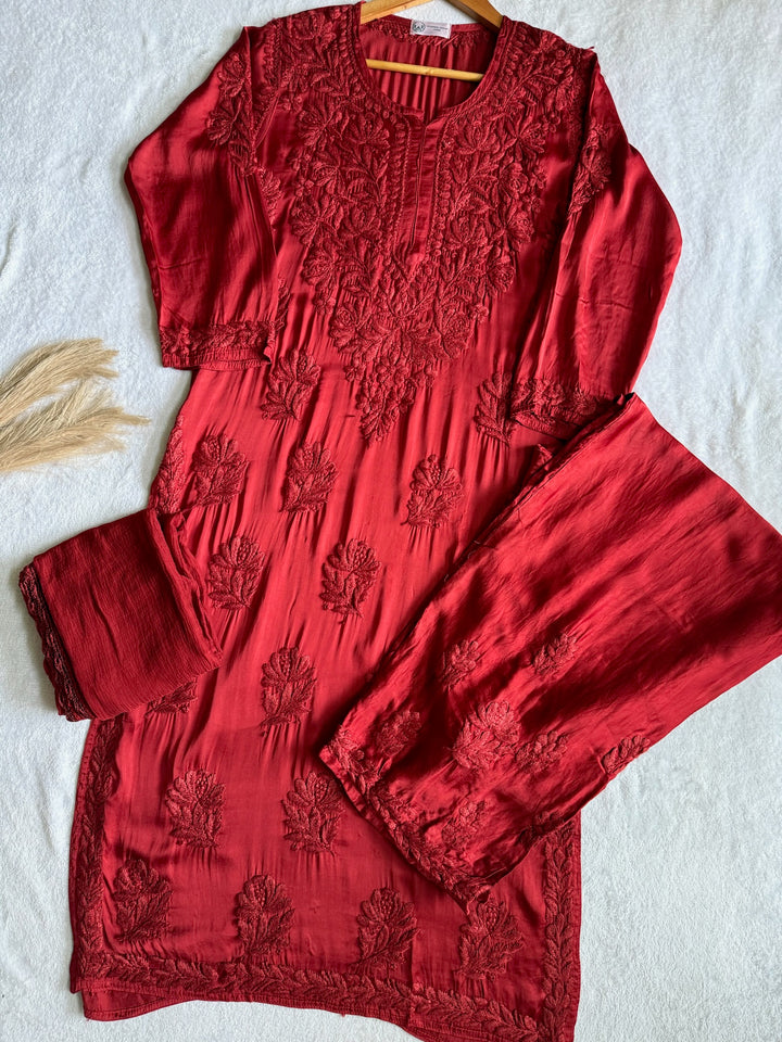 Inaya Satin Chikankari Kurta Set With 3D Handwork
