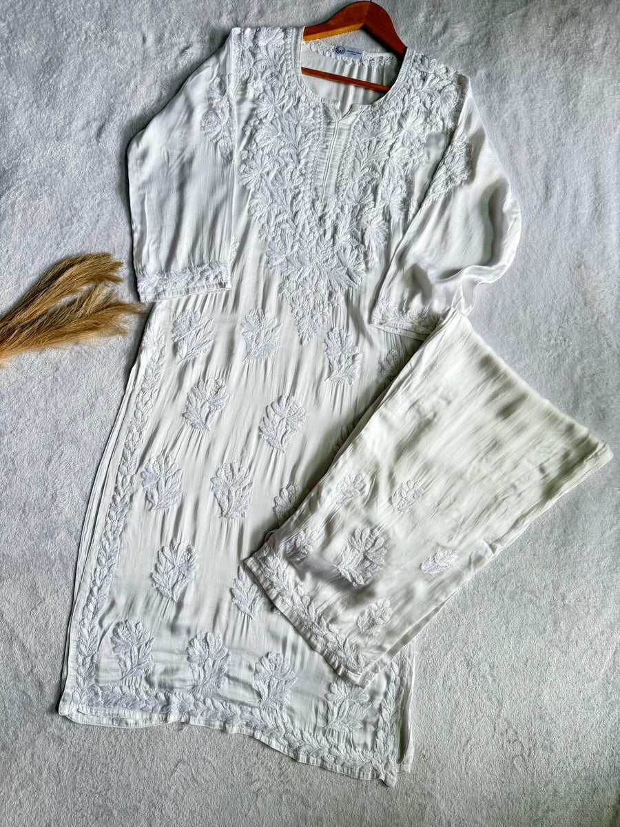 Inaya Satin Chikankari Kurta Set With 3D Handwork