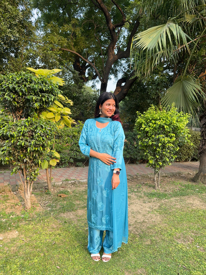 Inaya Satin Chikankari Kurta Set With 3D Handwork