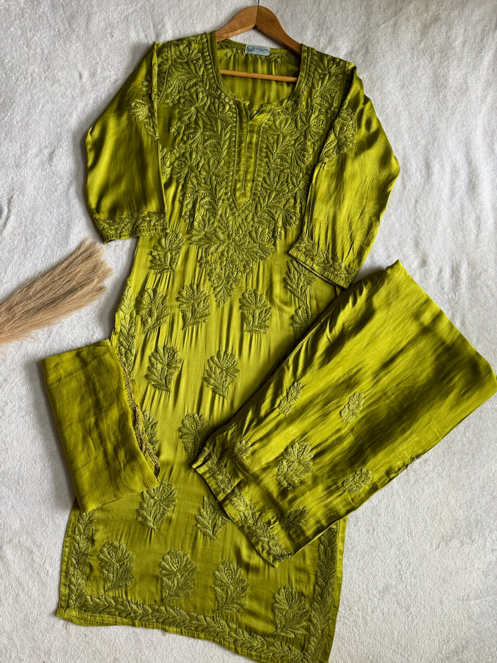 Swati Rathi In Inaya Satin Chikankari Kurta Set With 3D Handwork