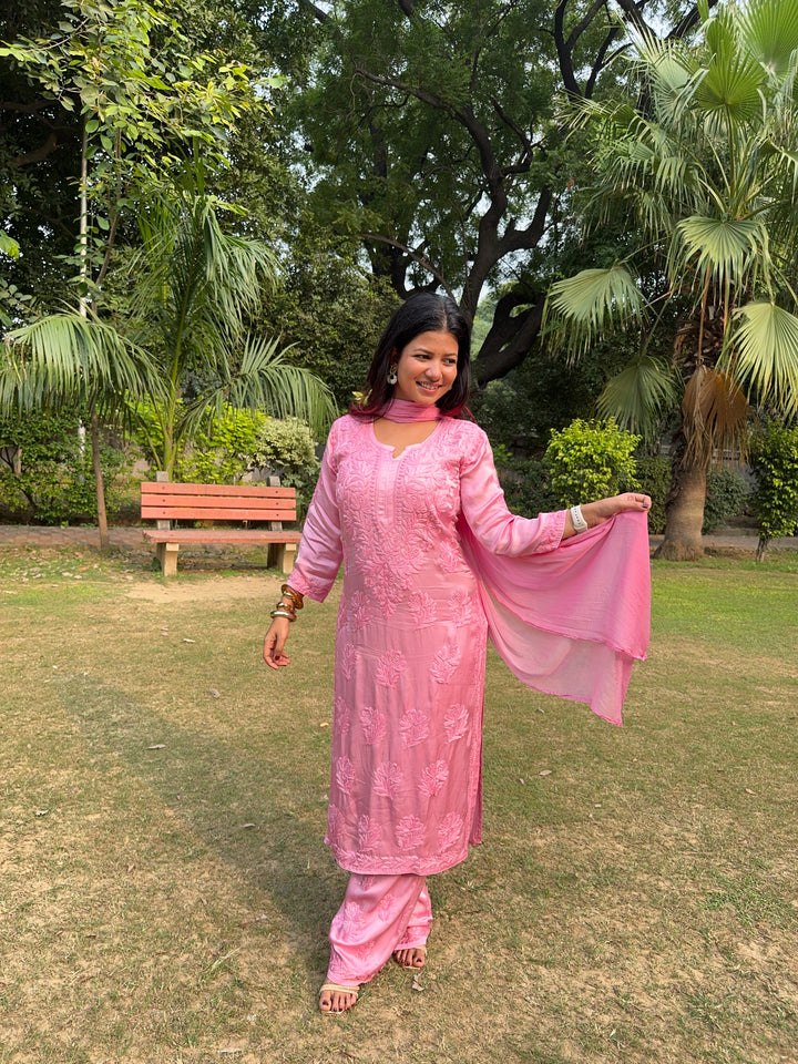 Inaya Satin Chikankari Kurta Set With 3D Handwork