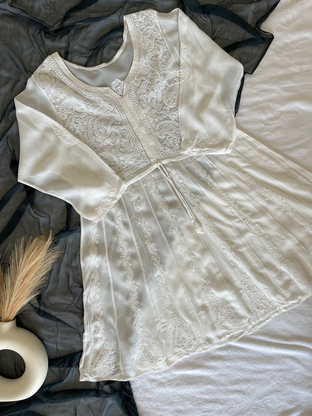 Viscose White Resham Thread Chikankari Short Gown