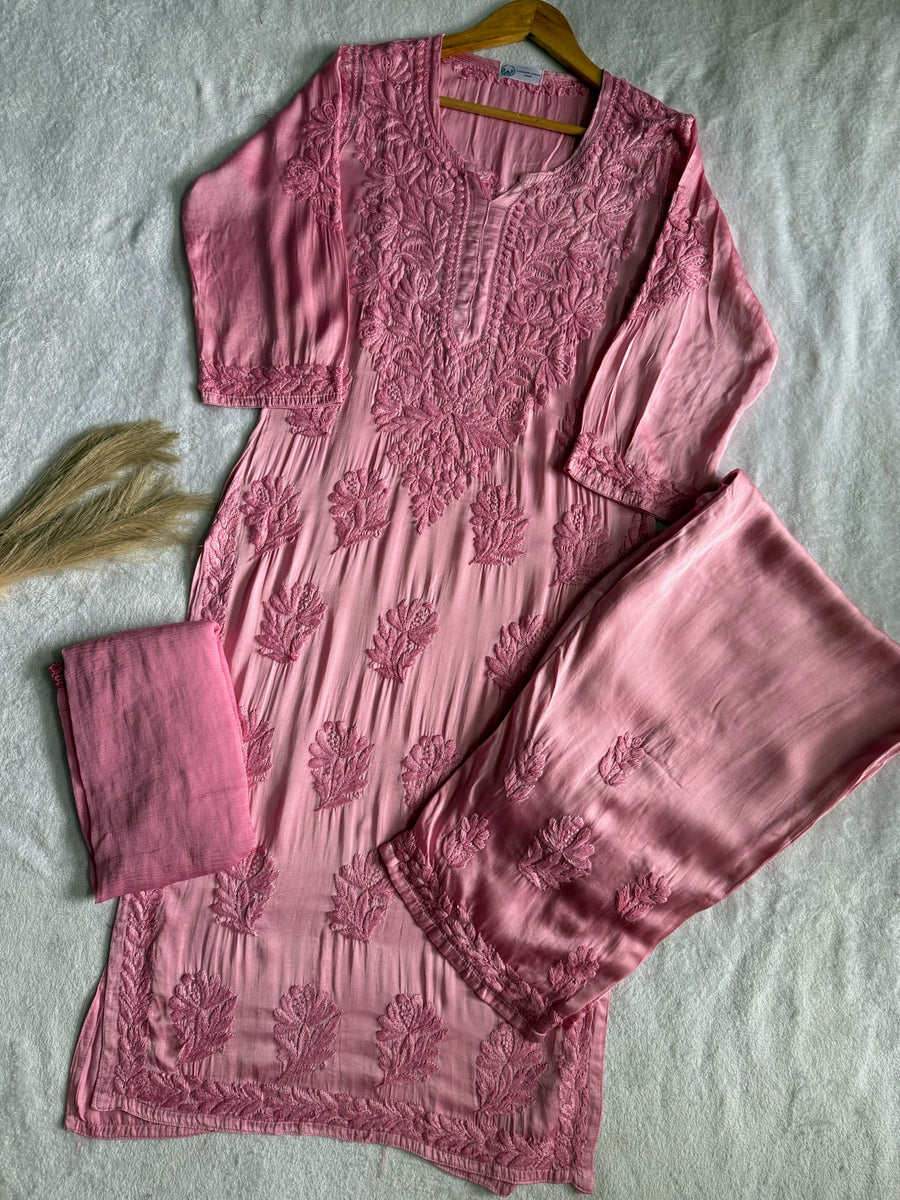 Inaya Satin Chikankari Kurta Set With 3D Handwork