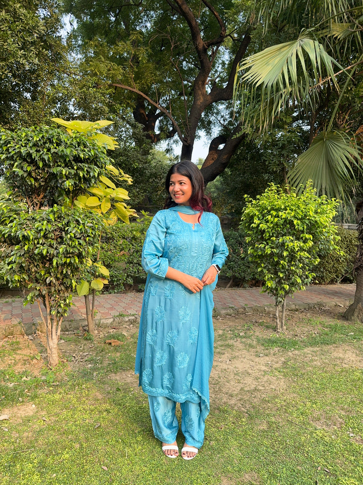 Inaya Satin Chikankari Kurta Set With 3D Handwork
