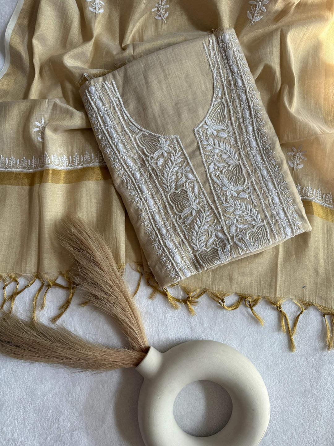 Pearl Chikankari Tissue Silk Unstiched Suit Set