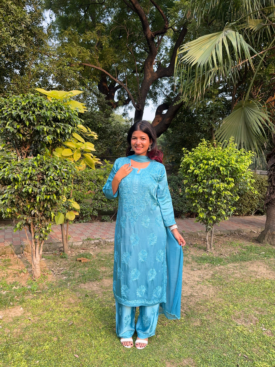 Inaya Satin Chikankari Kurta Set With 3D Handwork