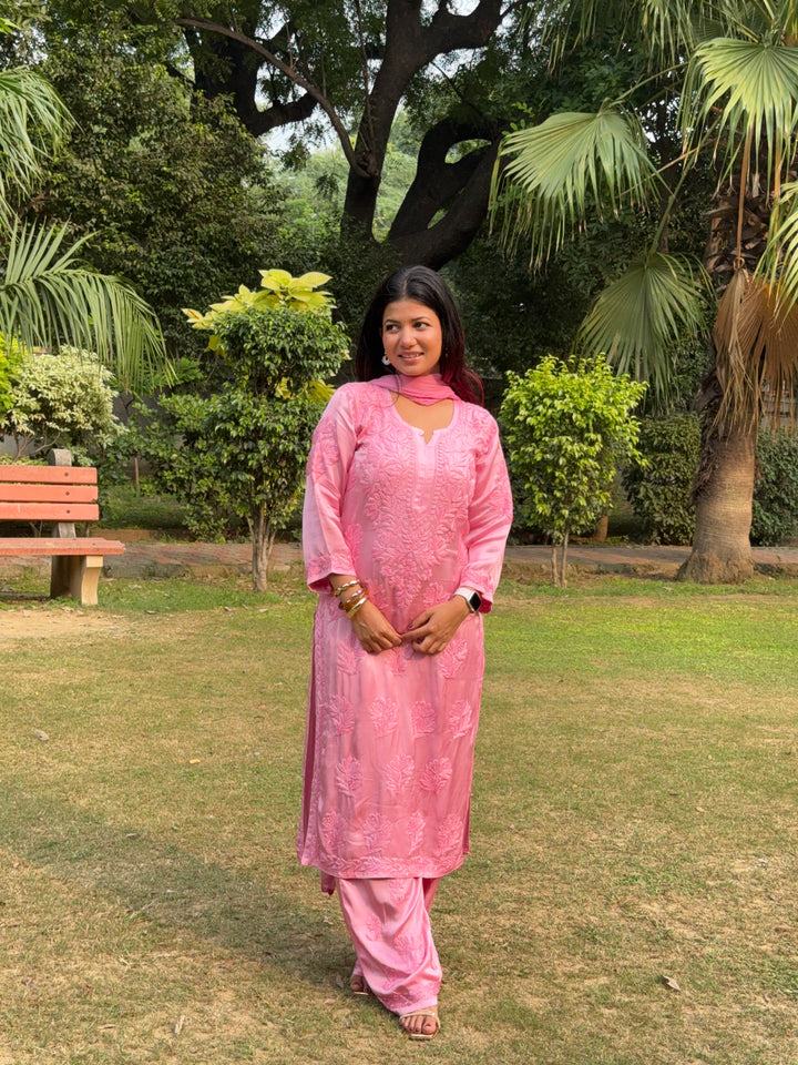 Inaya Satin Chikankari Kurta Set With 3D Handwork