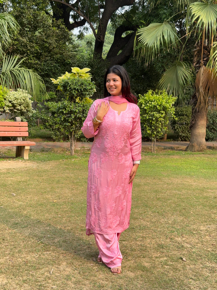 Inaya Satin Chikankari Kurta Set With 3D Handwork