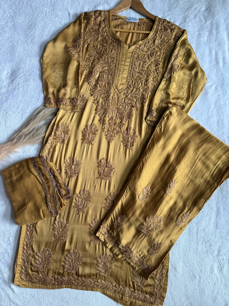 Inaya Satin Chikankari Kurta Set With 3D Handwork