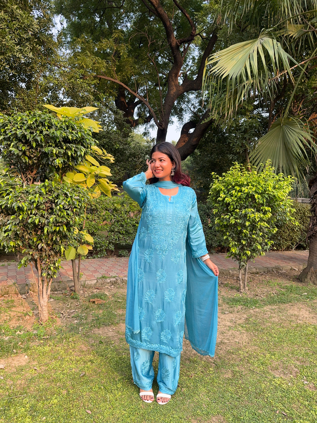 Inaya Satin Chikankari Kurta Set With 3D Handwork