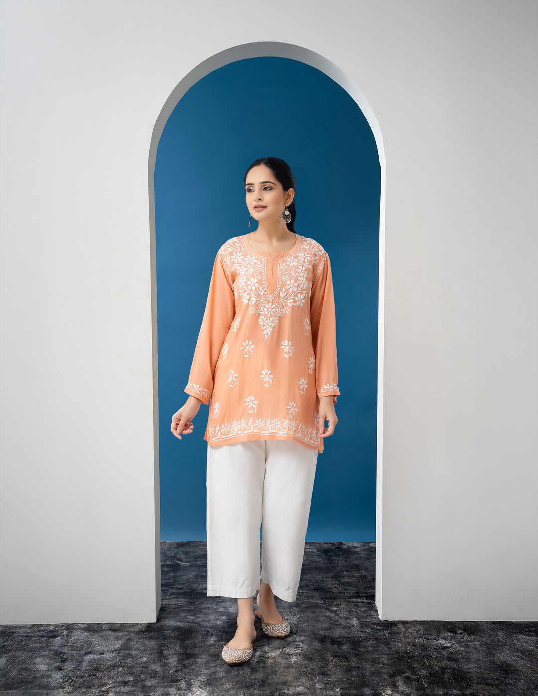 Modal Chikankari Solid Women's Short Kurta - Peach