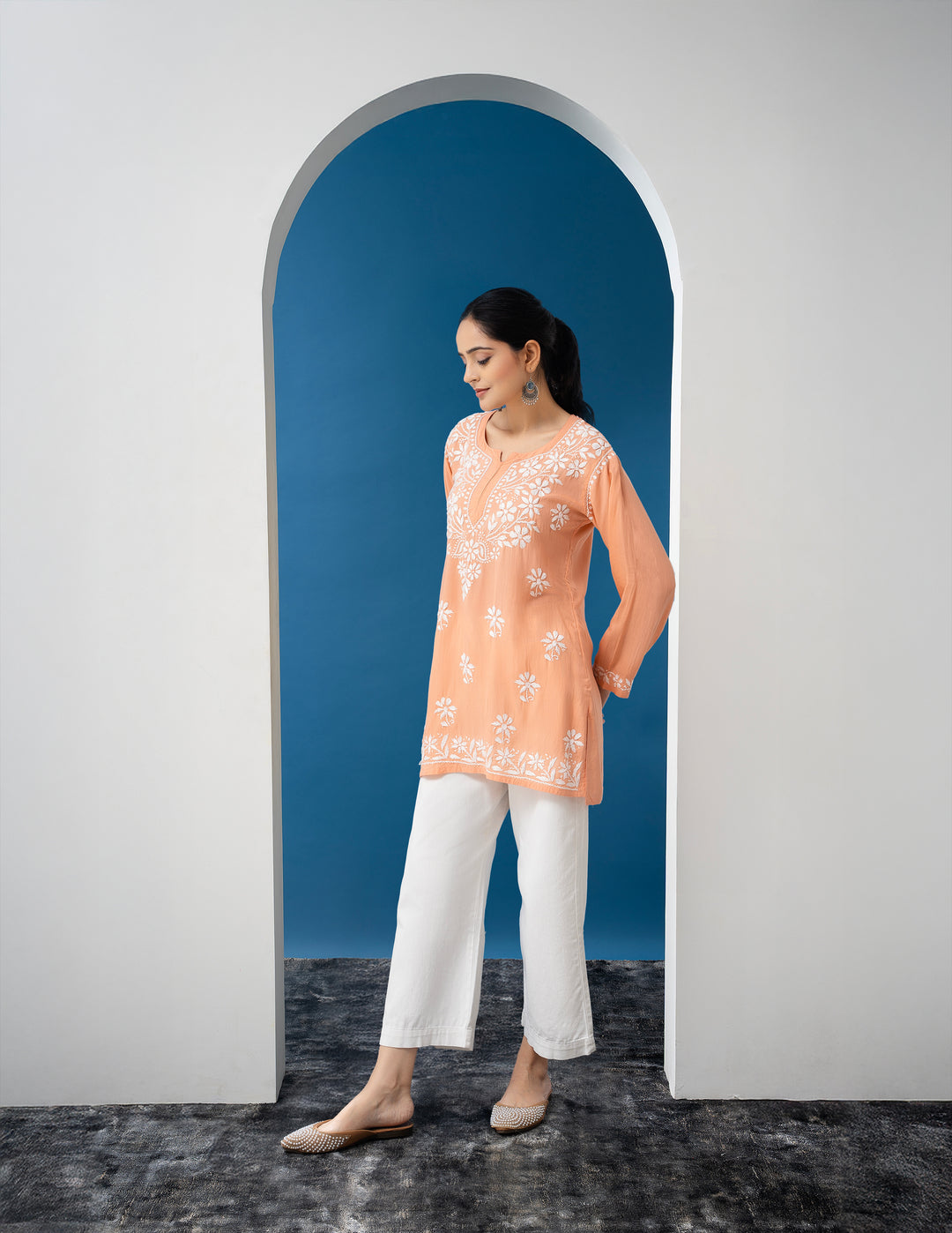 Modal Chikankari Solid Women's Short Kurta - Peach