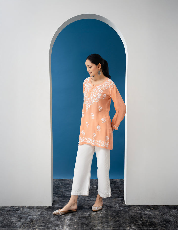 Modal Chikankari Solid Women's Short Kurta - Peach