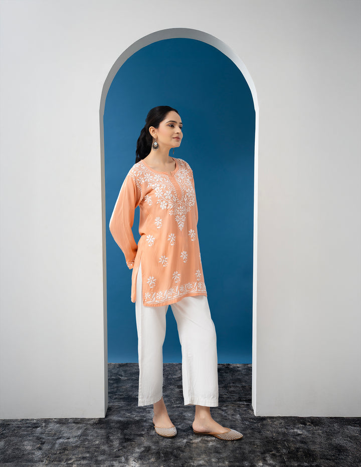 Modal Chikankari Solid Women's Short Kurta - Peach