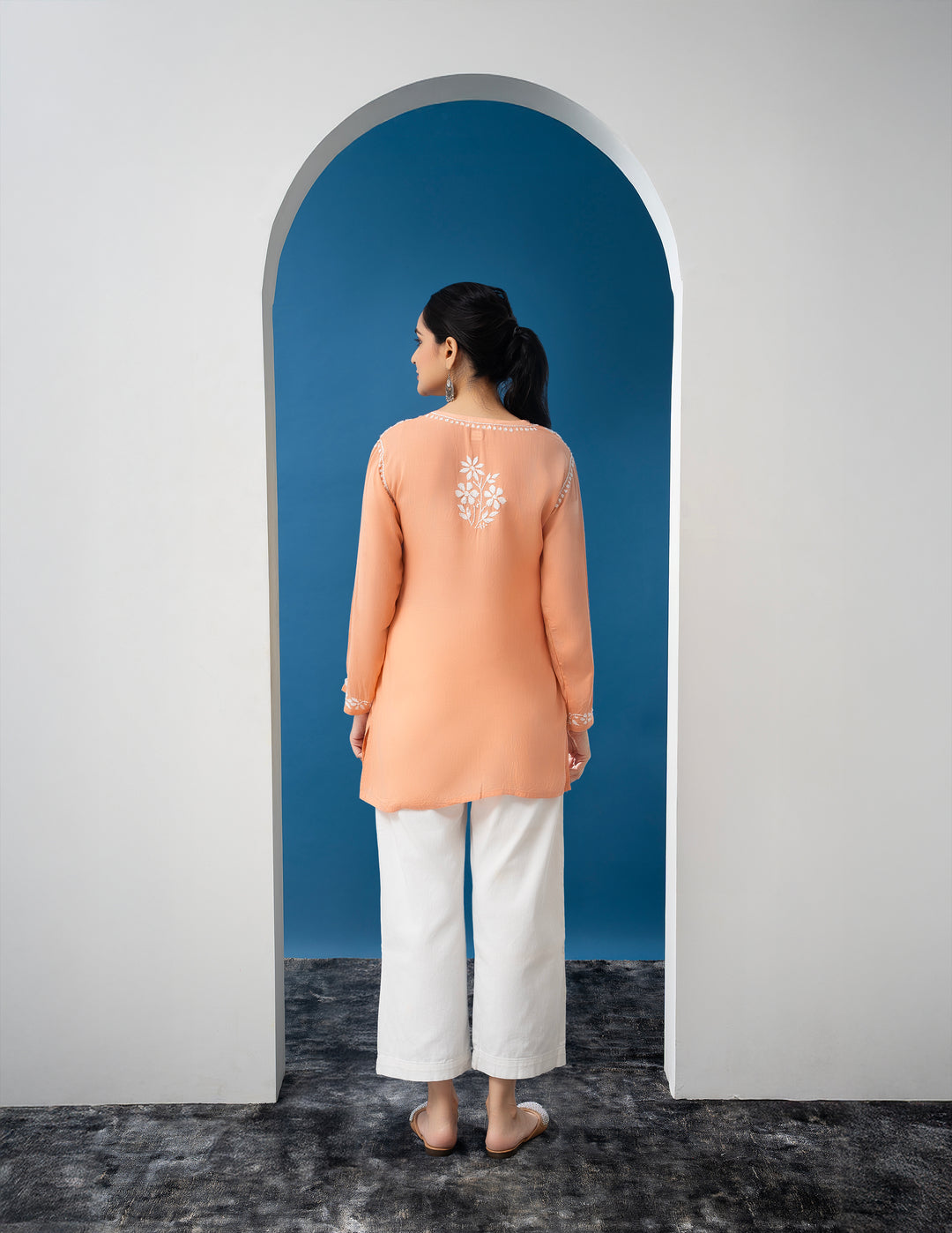 Modal Chikankari Solid Women's Short Kurta - Peach