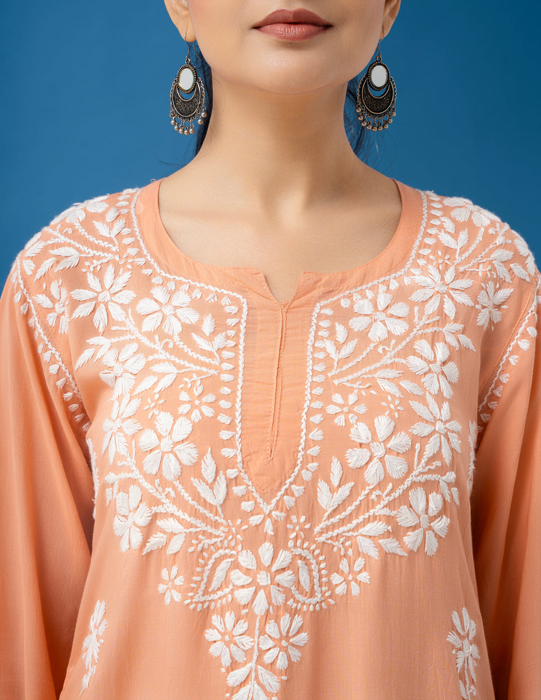 Modal Chikankari Solid Women's Short Kurta - Peach