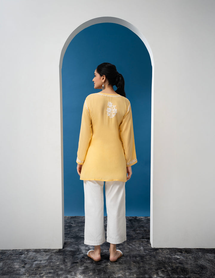 Modal Chikankari Solid Women's Short Kurta - Yellow