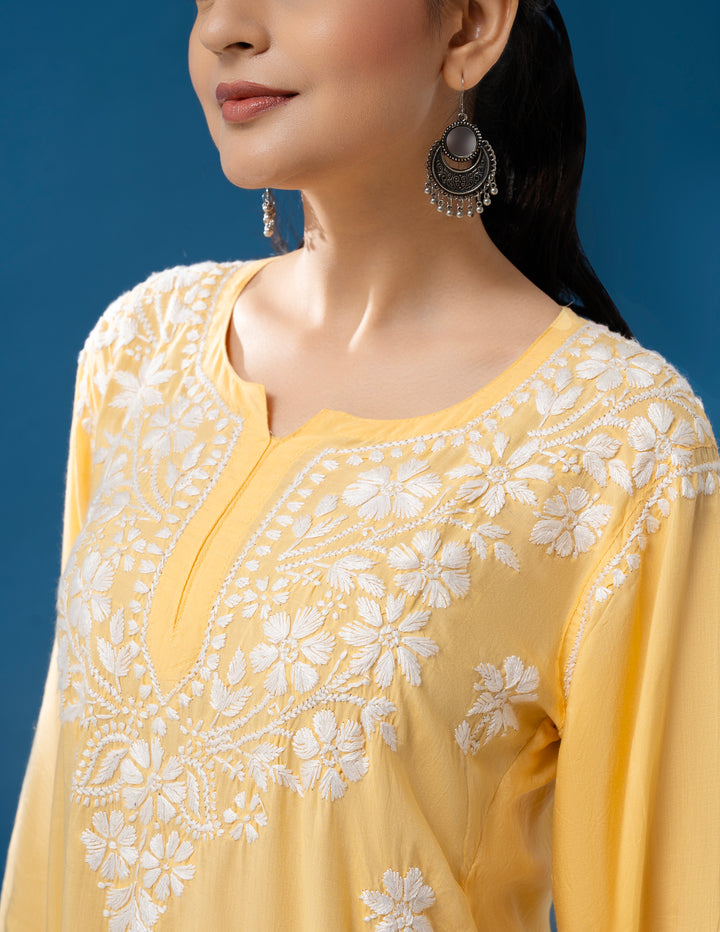 Modal Chikankari Solid Women's Short Kurta - Yellow