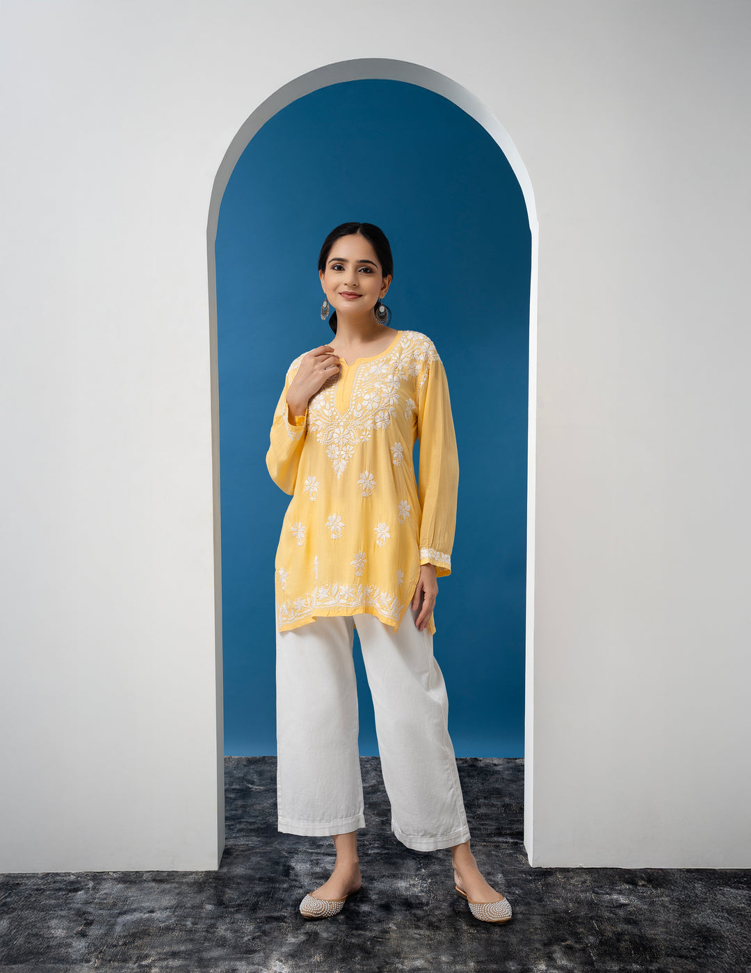 Modal Chikankari Solid Women's Short Kurta - Yellow