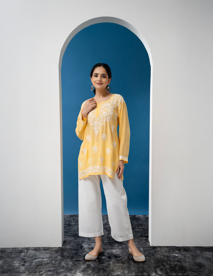 Modal Chikankari Solid Women's Short Kurta - Yellow