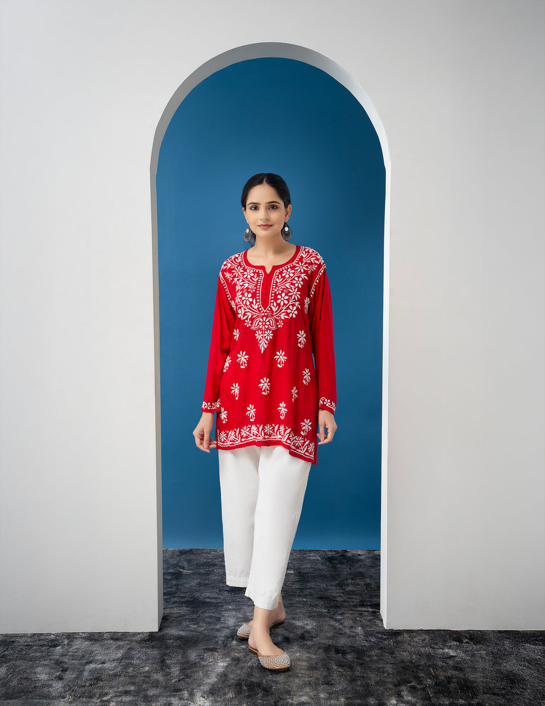 Modal Chikankari Solid Women's Short Kurta - Red