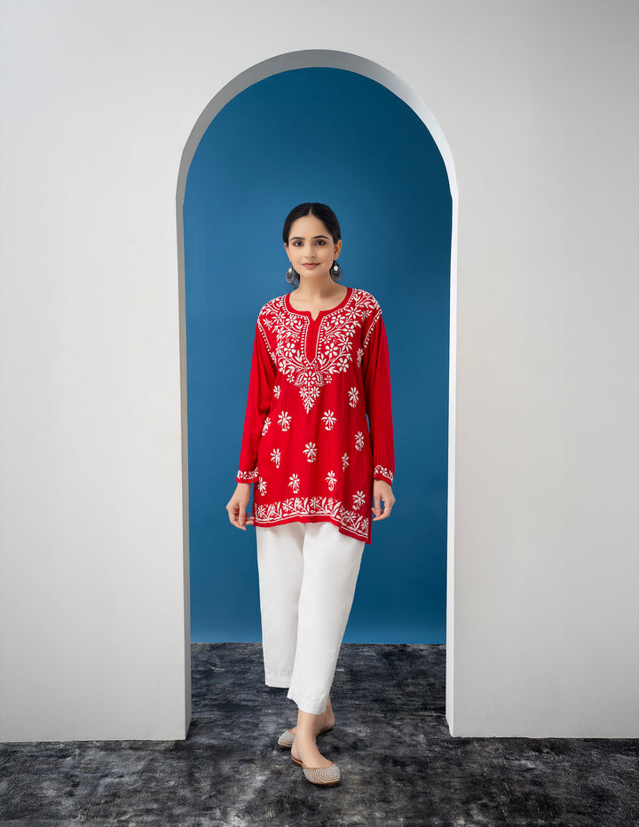 Modal Chikankari Solid Women's Short Kurta - Red