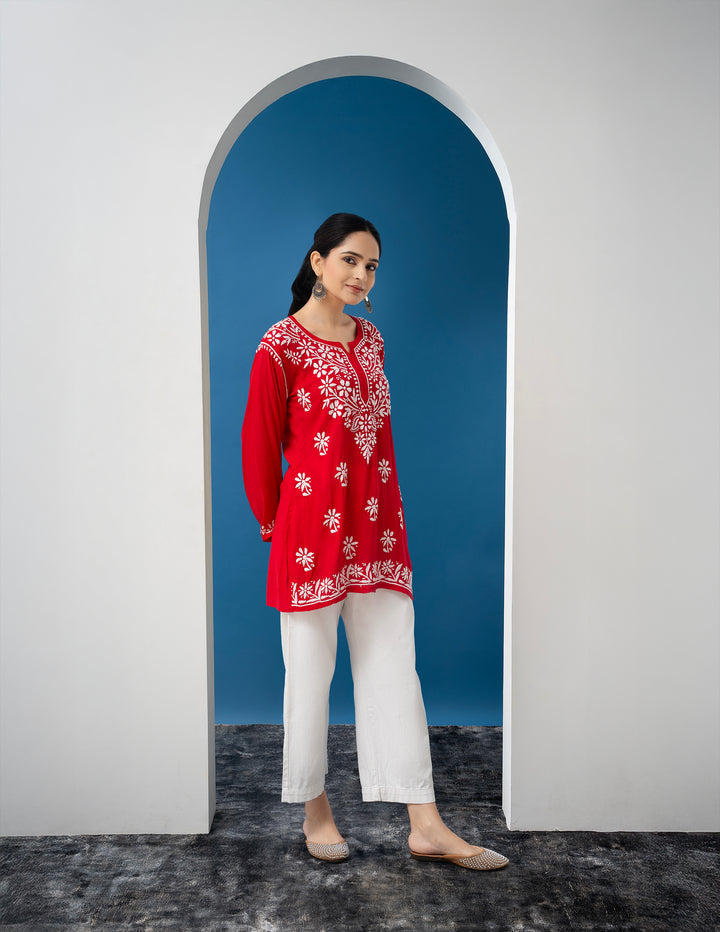 Modal Chikankari Solid Women's Short Kurta - Red