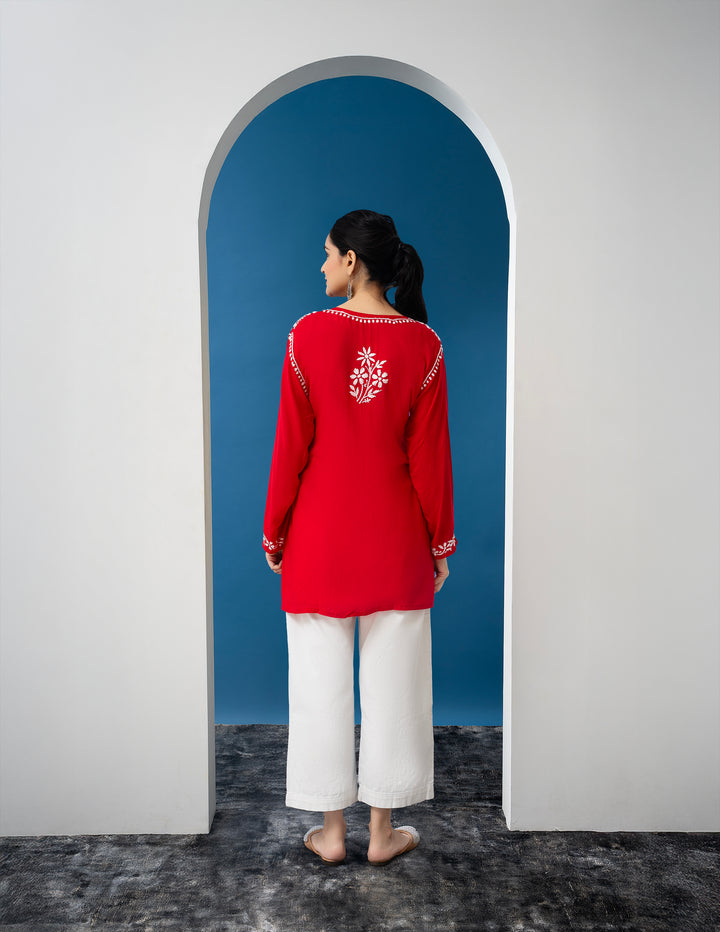 Modal Chikankari Solid Women's Short Kurta - Red