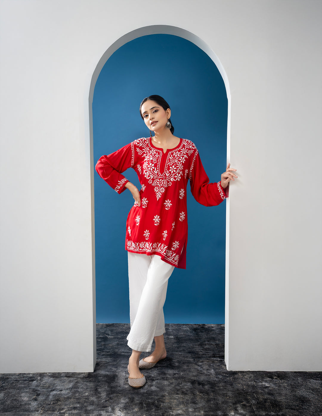 Modal Chikankari Solid Women's Short Kurta - Red