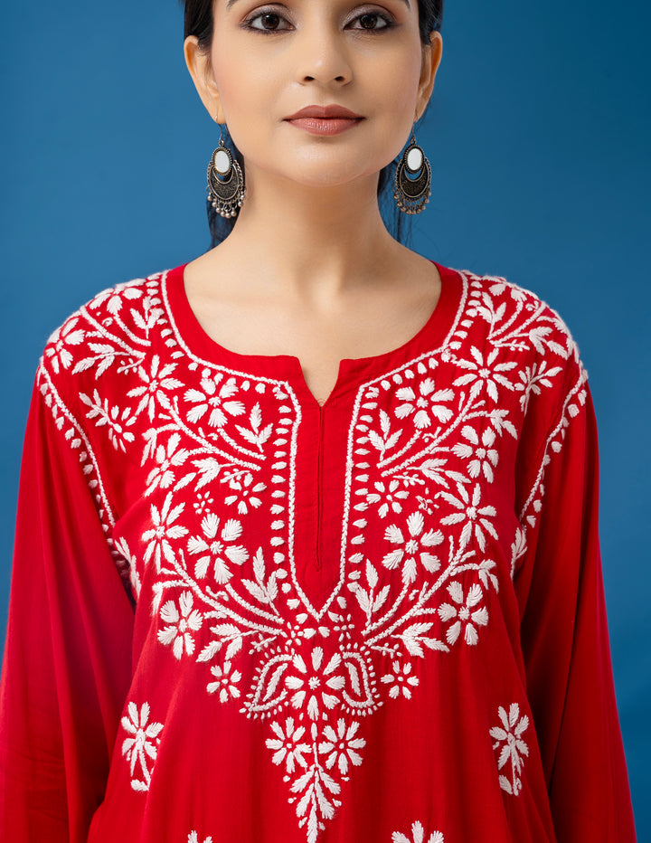 Modal Chikankari Solid Women's Short Kurta - Red