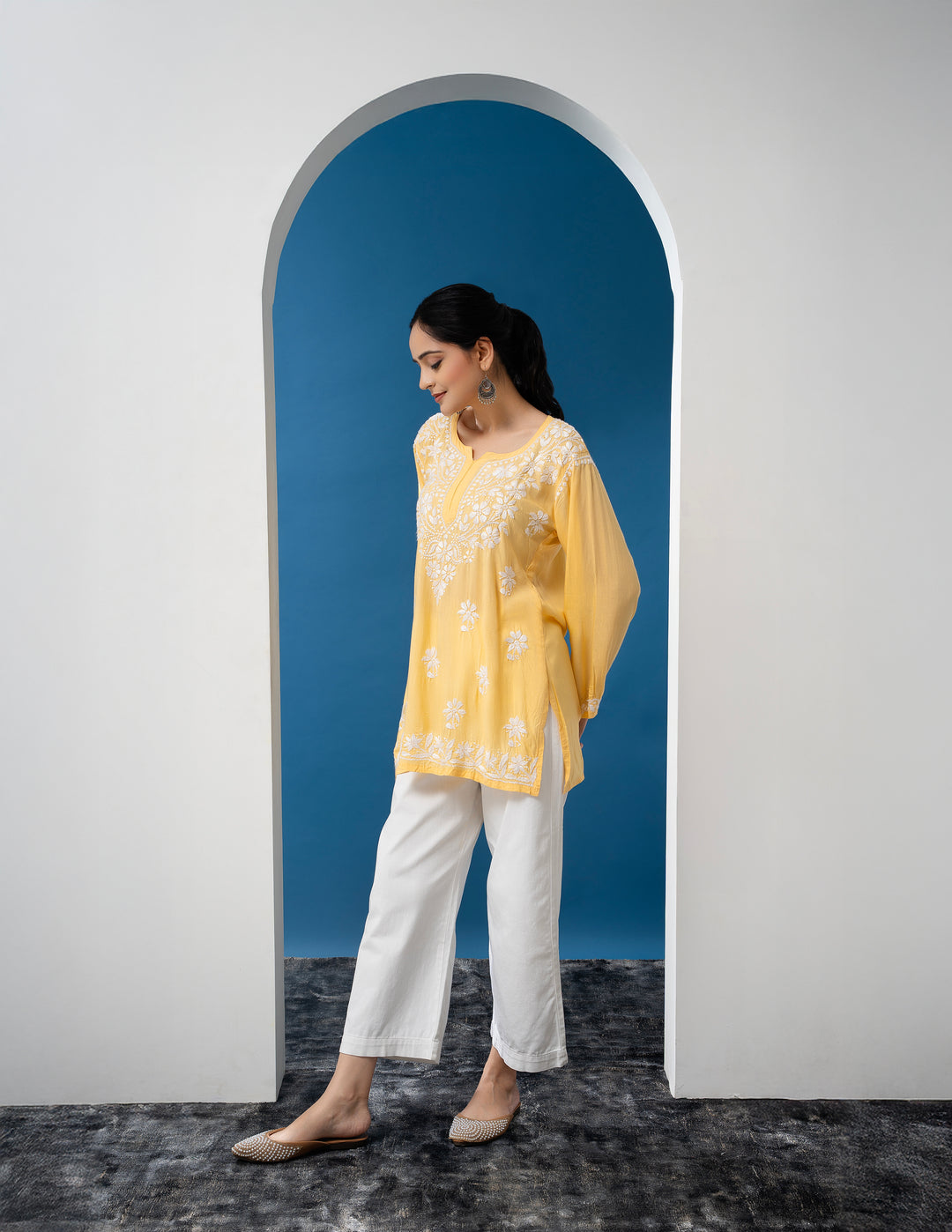 Modal Chikankari Solid Women's Short Kurta - Yellow