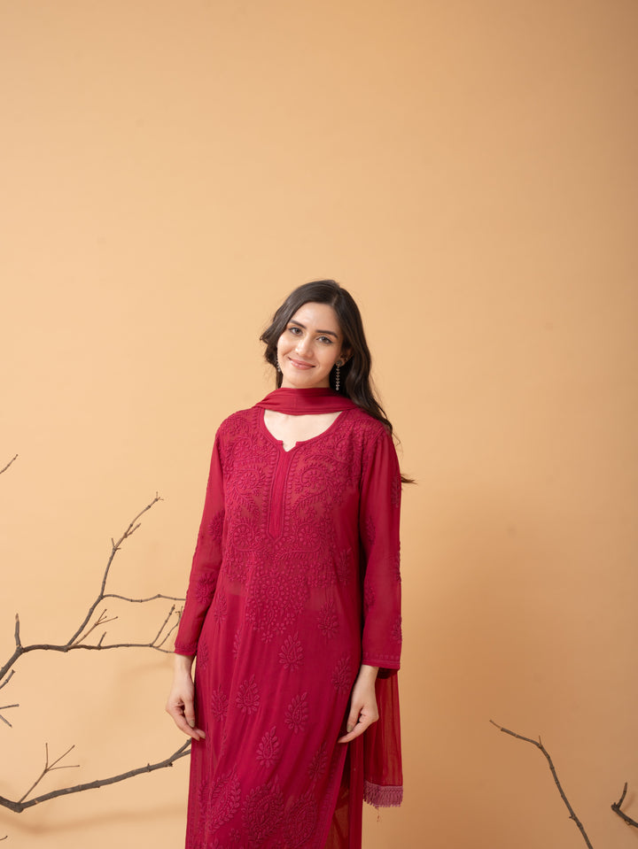 Viscose Georgette Straight Kurta Set With 3D Hand Work