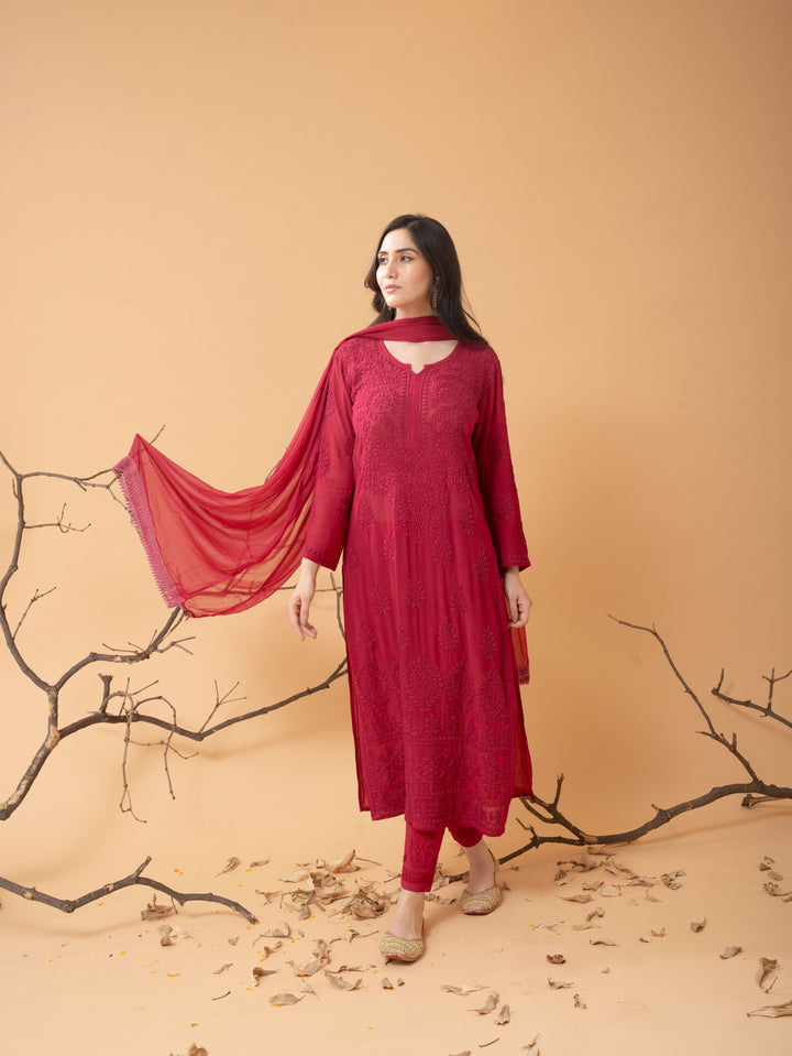 Viscose Georgette Straight Kurta Set With 3D Hand Work
