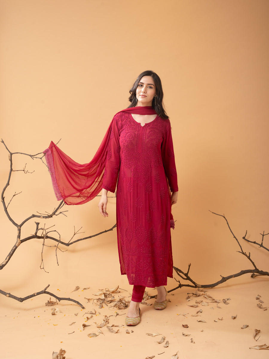 Viscose Georgette Straight Kurta Set With 3D Hand Work