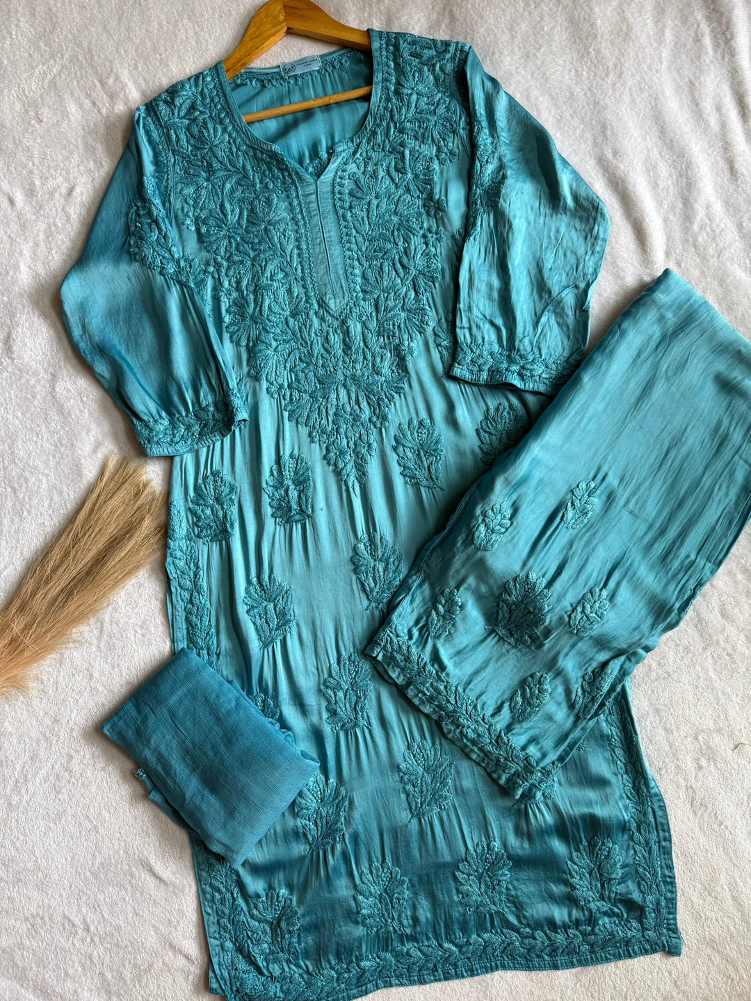 Inaya Satin Chikankari Kurta Set With 3D Handwork