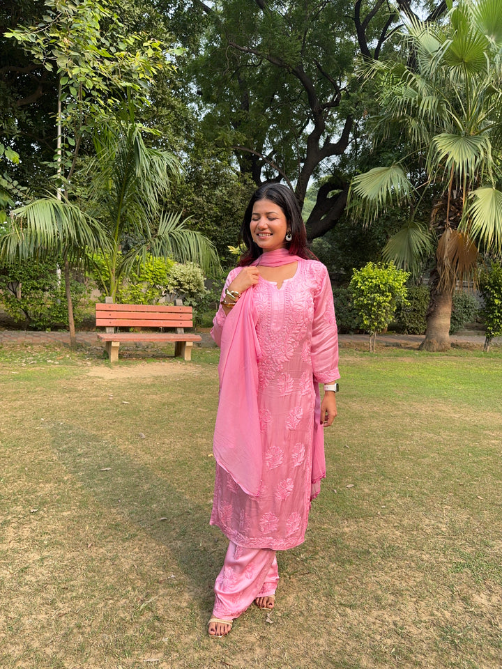 Inaya Satin Chikankari Kurta Set With 3D Handwork
