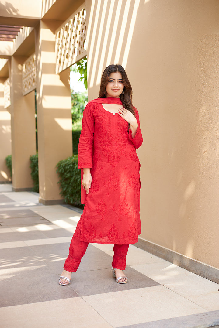 Red Mulmul Cotton Chikankari Set