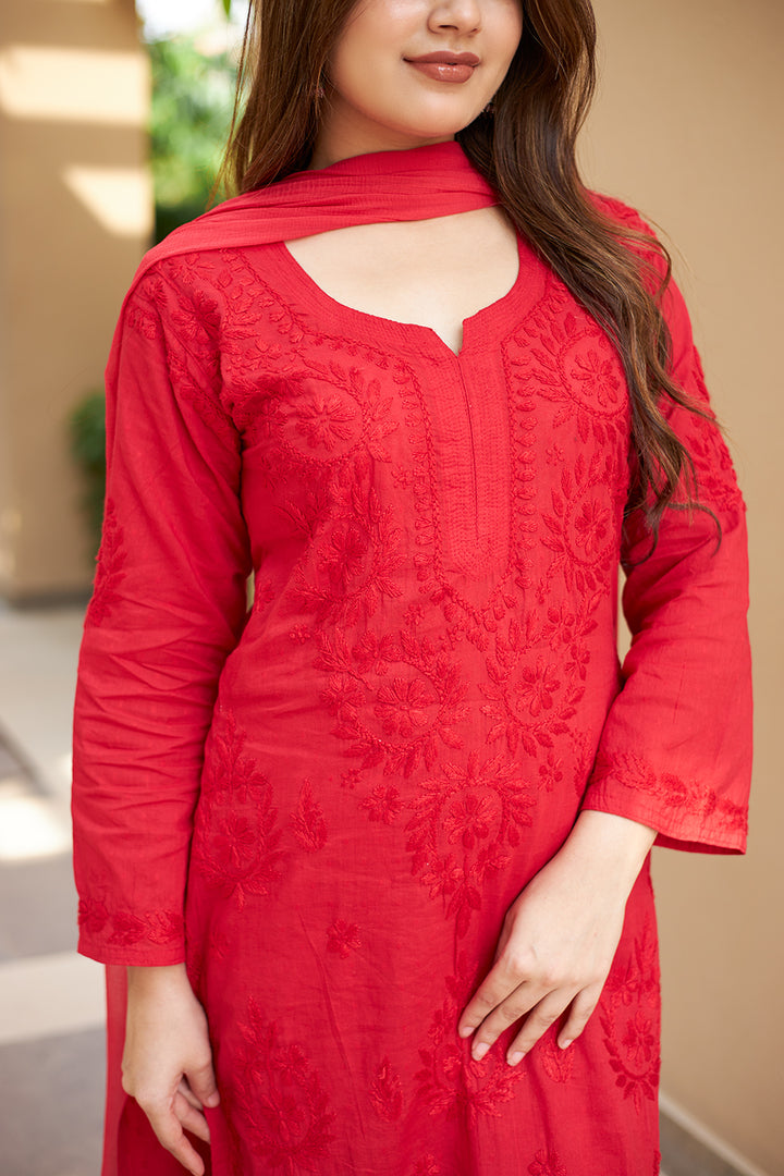 Red Mulmul Cotton Chikankari Set