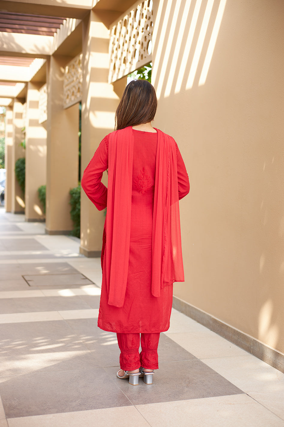 Red Mulmul Cotton Chikankari Set