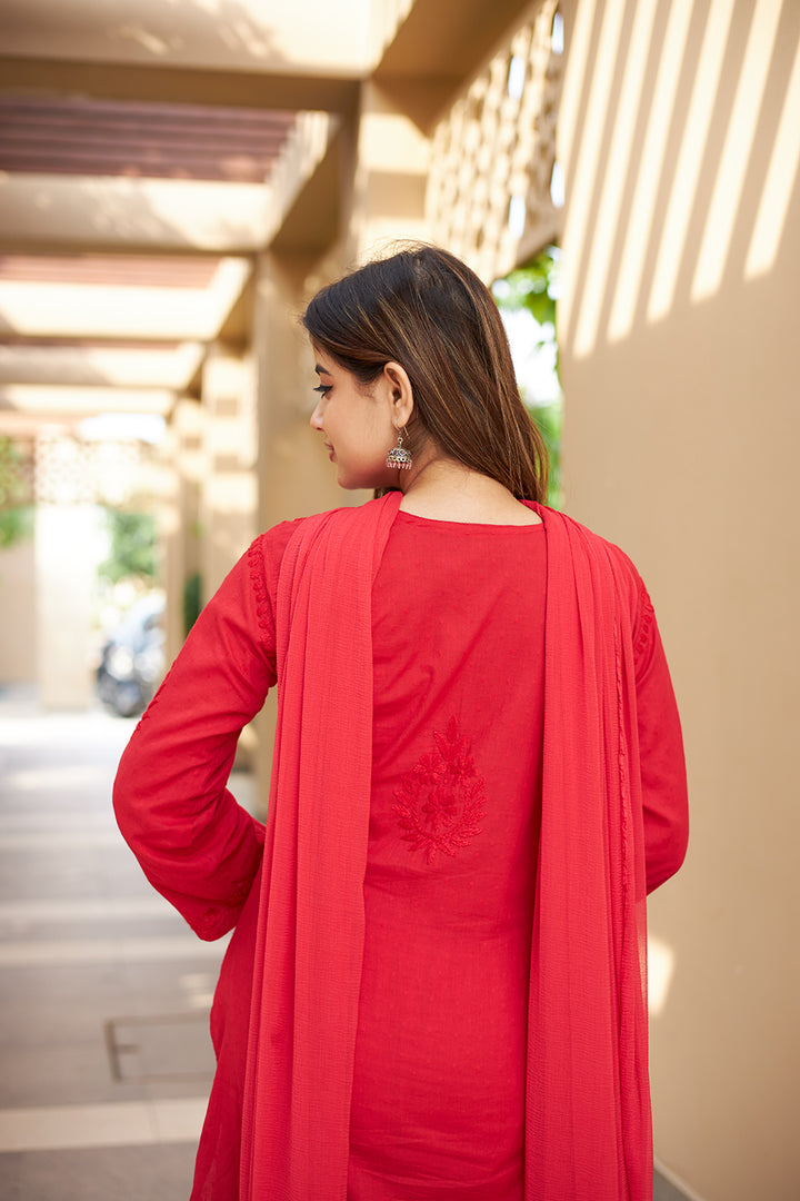 Red Mulmul Cotton Chikankari Set