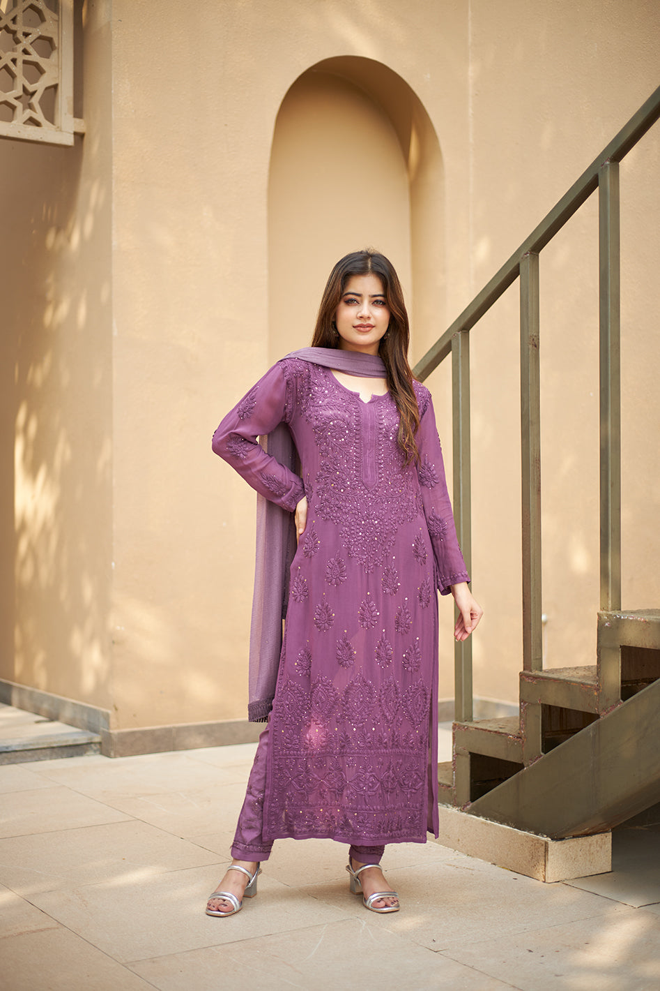 Viscose Georgette Straight Kurta Set With 3D Hand Work