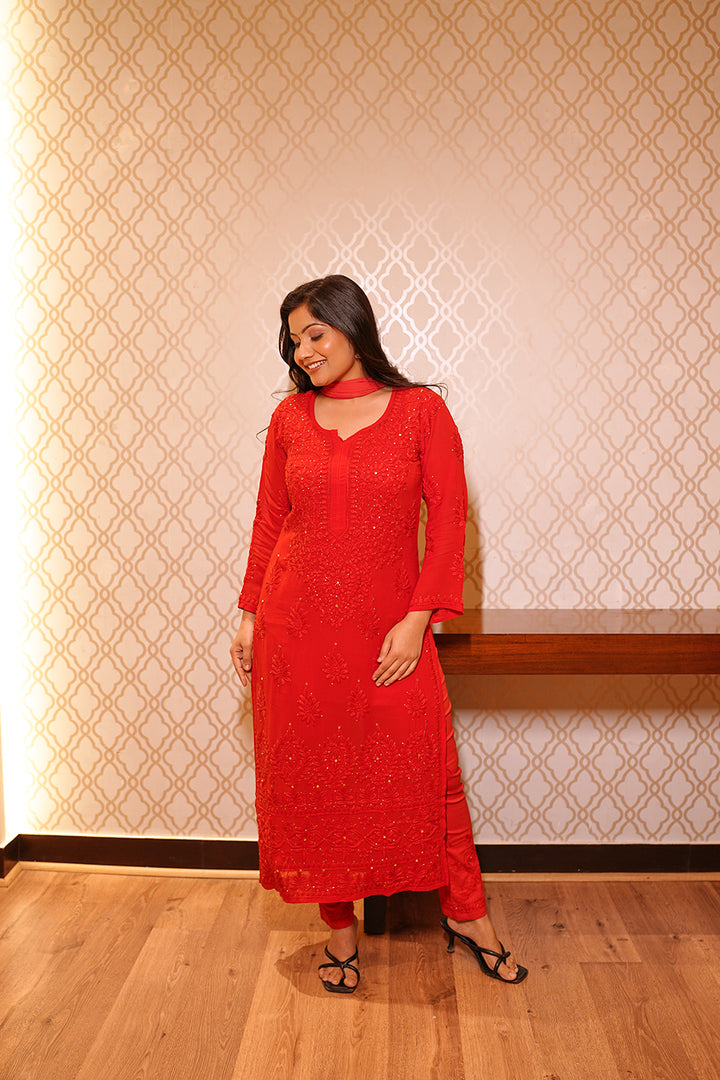 Viscose Georgette Straight Kurta Set With 3D Hand Work