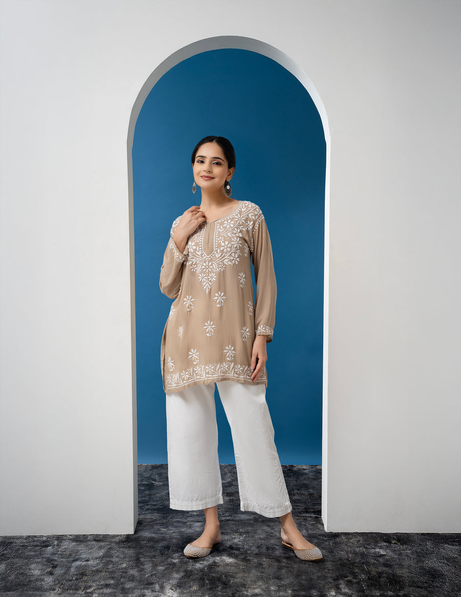 Modal Chikankari Solid Women's Short Kurta - Brown