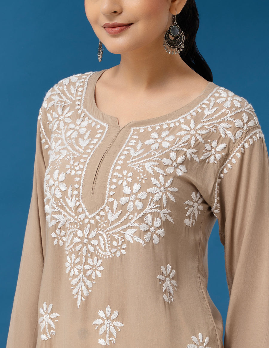 Modal Chikankari Solid Women's Short Kurta - Brown