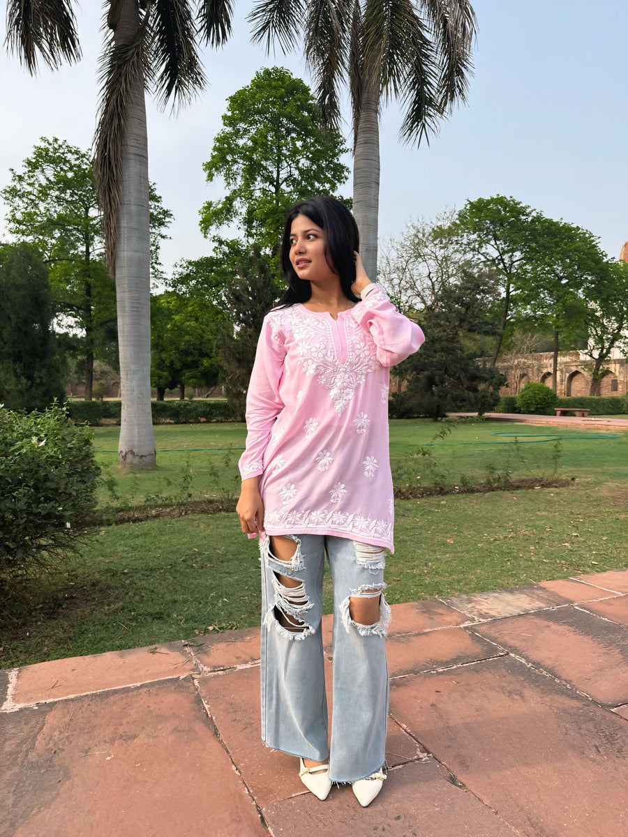 Modal Chikankari Solid Women's Short Kurta - Baby Pink